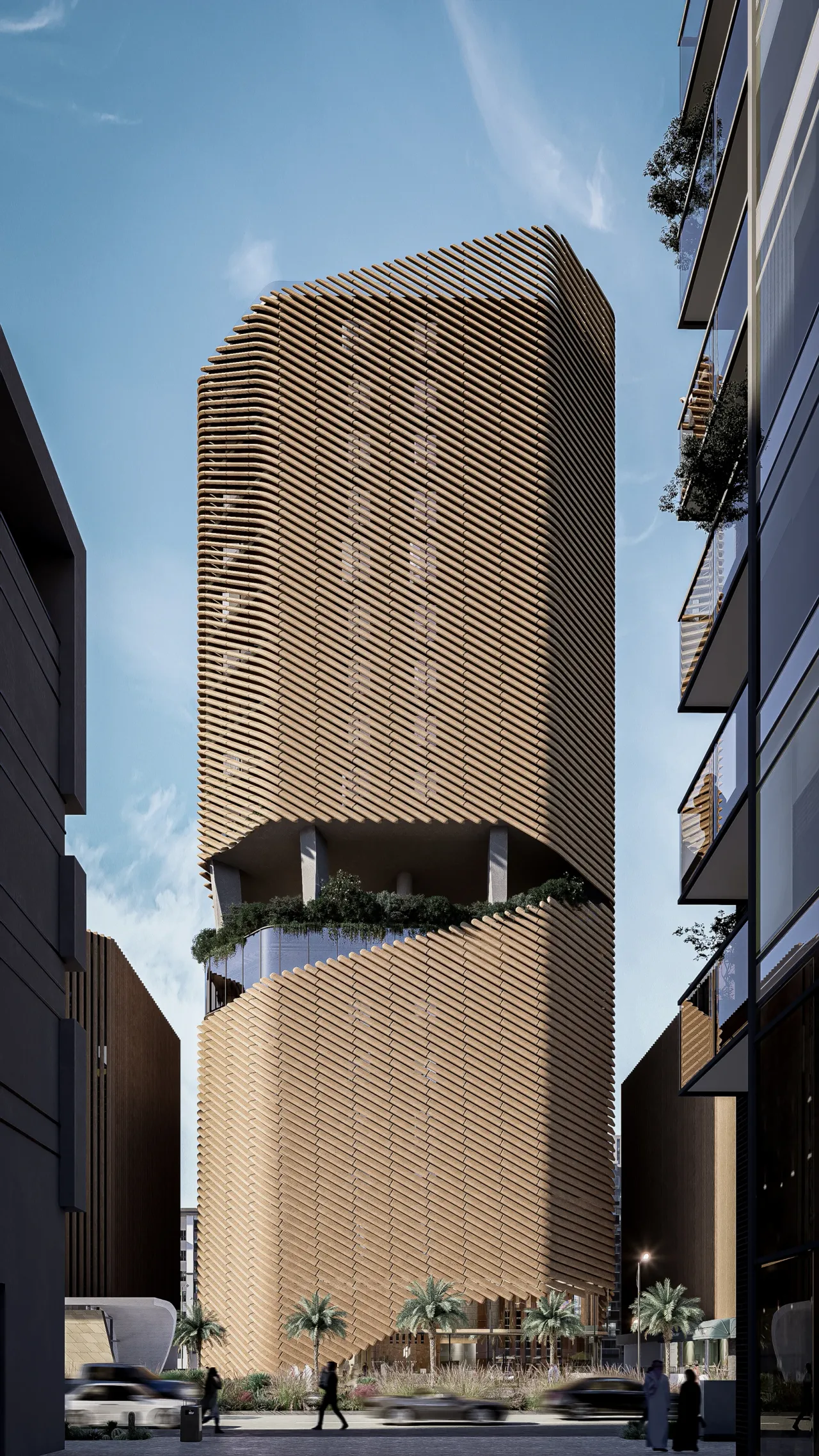 HAYA tower with a screened upper volume above the street