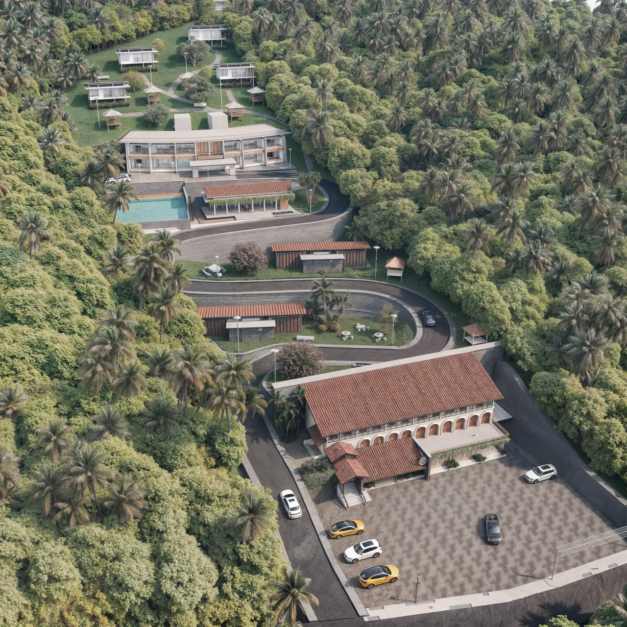 Aerial view of Verdant Vista’s buildings and paths following the hillside
