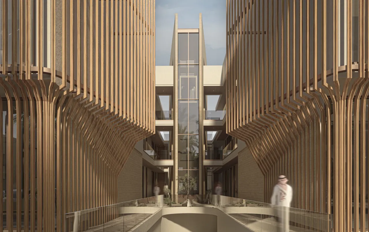 Vertical facade screens framing Weshah’s courtyard and glazed circulation core